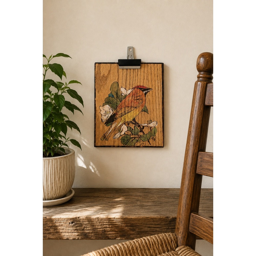 Vintage Folk Art Bird Painting Wood Burned Panel Board Wall Decor Cottagecore